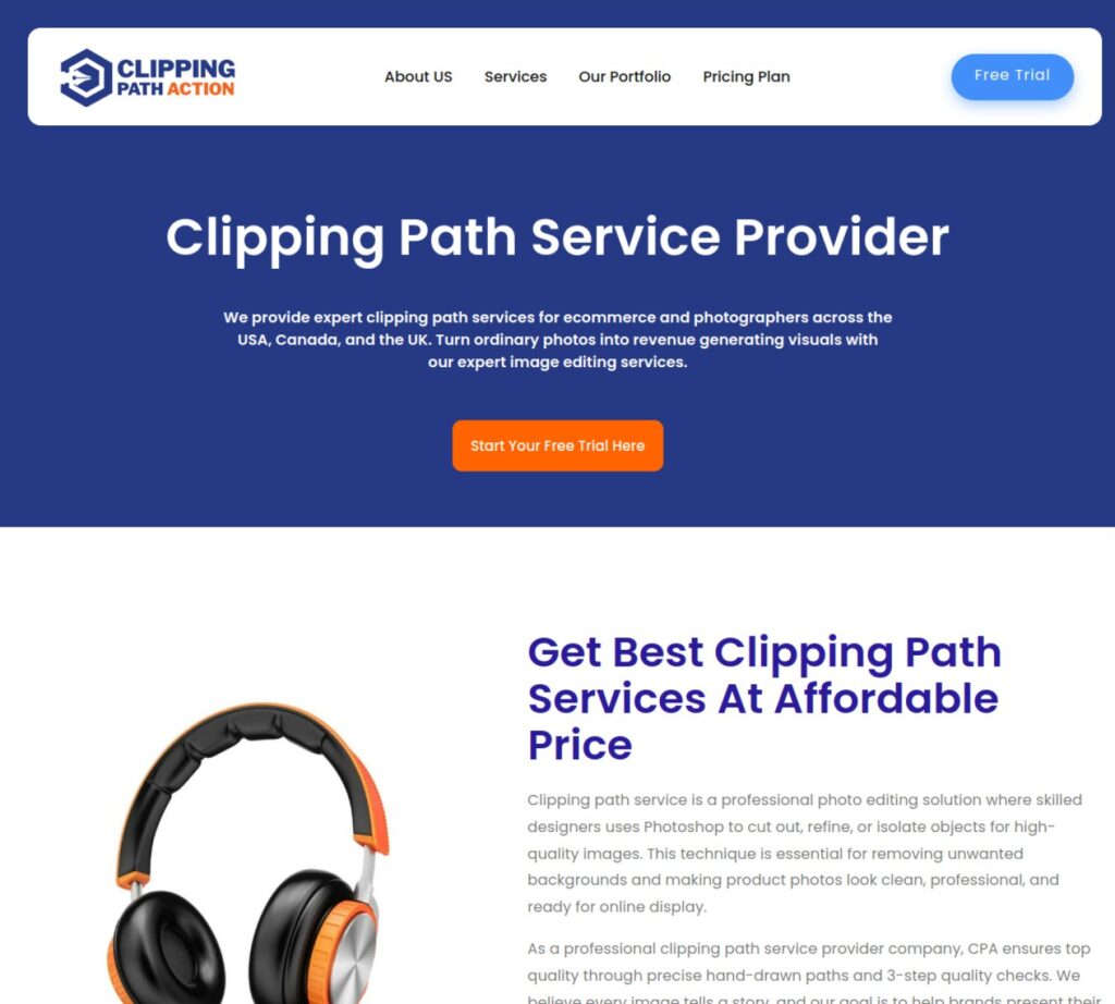 Clipping Path Action photo editing service website homepage